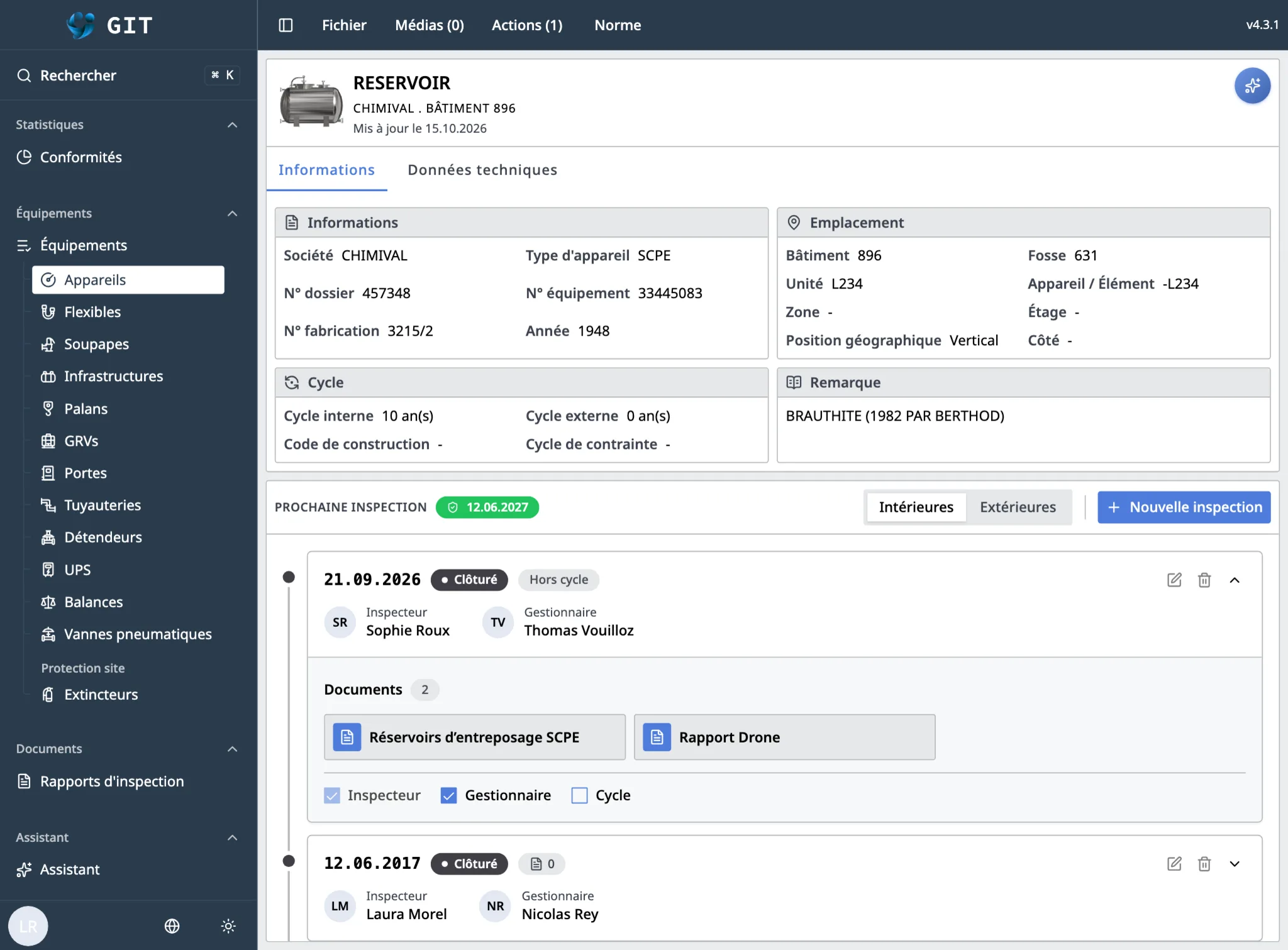 GIT — Interface principale de gestion des équipements