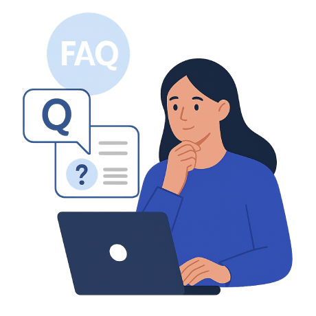 Illustration représentant une personne consultant une FAQ en ligne sur différents appareils.